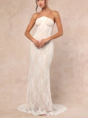 Lulus - Valeria White Lace Strapless Bustier Maxi Dress - XL